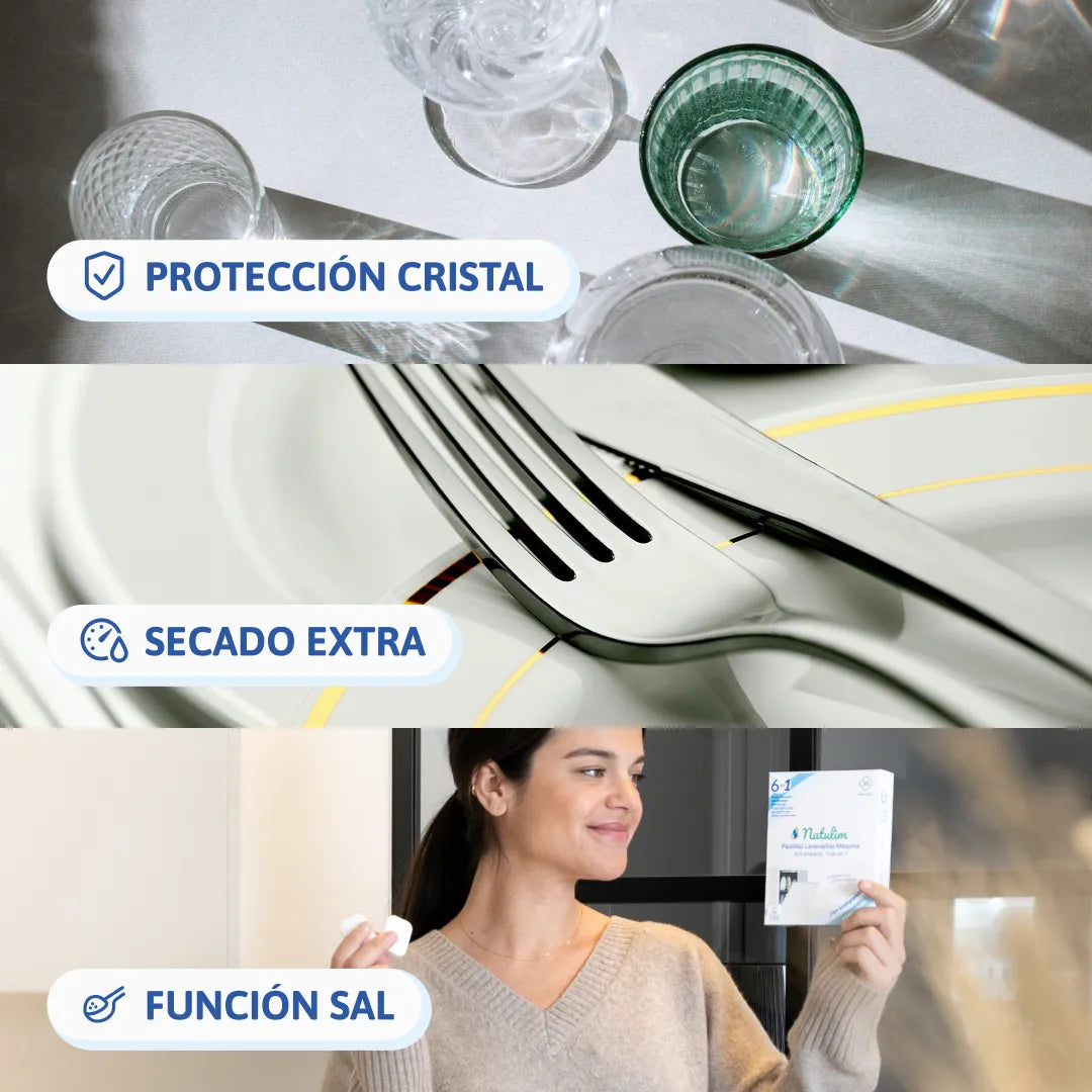 Funciones de las Pastillas Lavavajillas: Protección cristal, secado extra, función sal Natulim