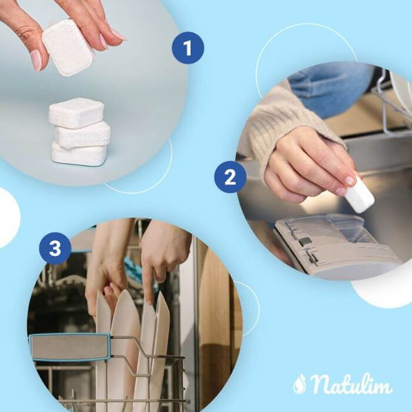 3 Pasos para usar las Pastillas Lavavajillas Natulim