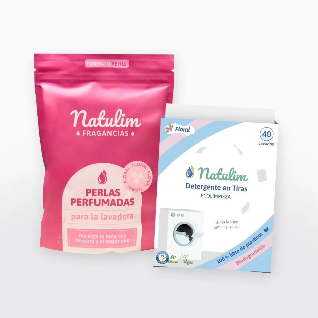Pack con bolsa refill de perlas perfumadas Floral y caja de detergente en tiras Floral de 40 lavados