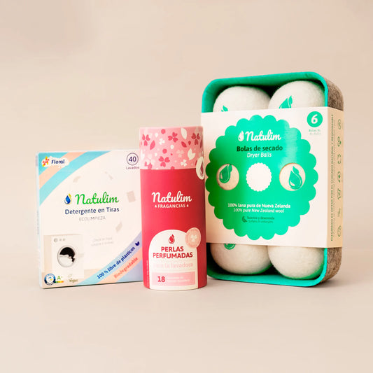 Natulim pack with Floral detergent strips, Floral scent pearls and 6 wool dryer balls