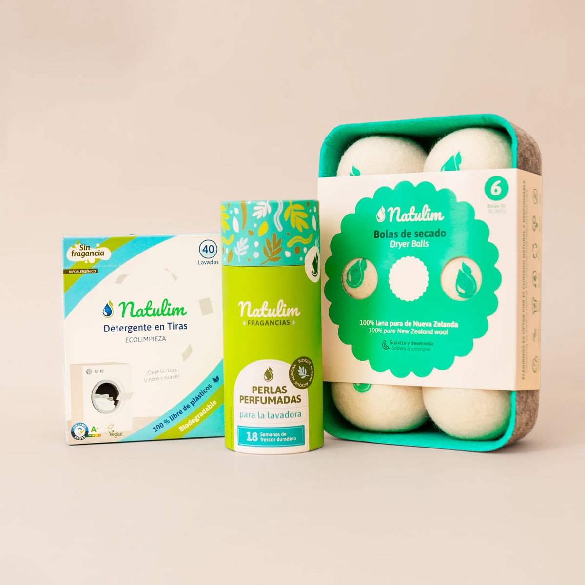 Caja de tiras Sin Fragancia con perlas Bosque Aurora en tubo verde y bandeja de bolas de lana para secadora