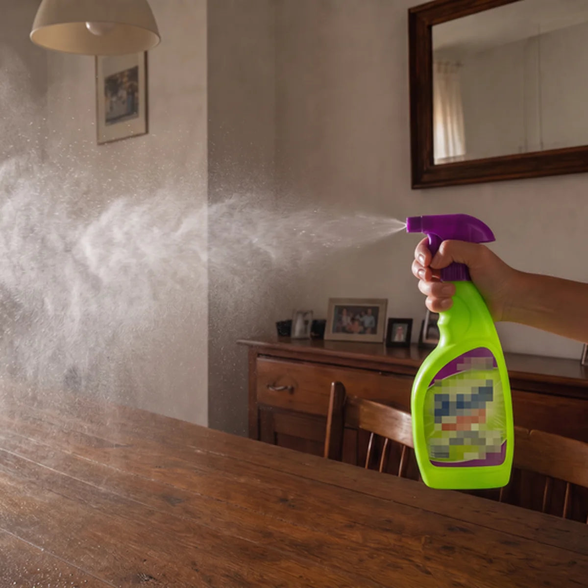 Mano pulverizando un limpiador convencional con la marca pixelada, la niebla en el centro del comedor