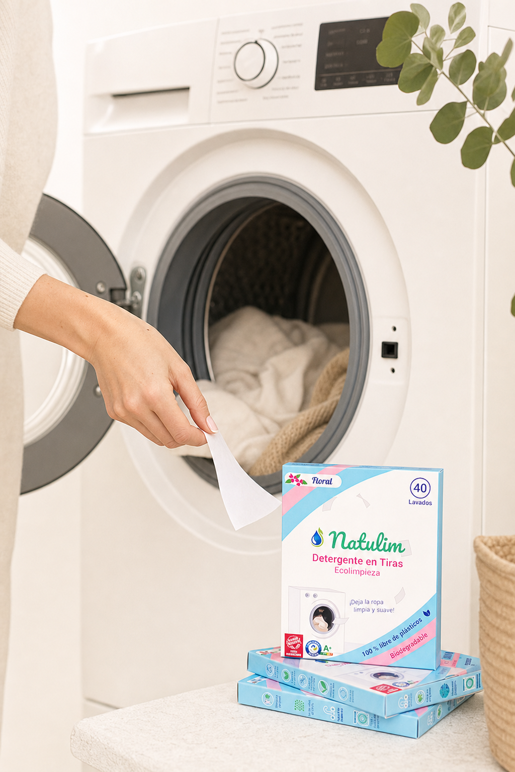 Detergente Natulim en tiras junto a lavadora
